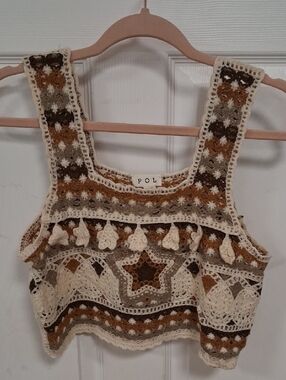 POL Crochet Crop Tank Top in Cream, Brown & Tan